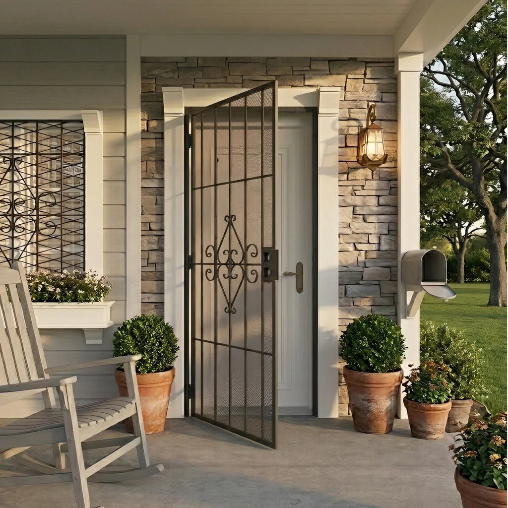 32 in. x 80 in. Universal/Reversible Powder Coated Black Surface Mount Outswing Steel Security Door with Expanded Metal Screen