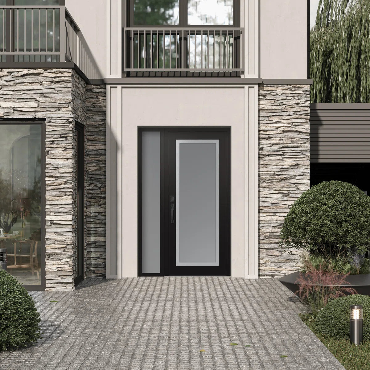 C1 Panel Silver Steel Black/White With Sidelite Prehung Front Entry Door
